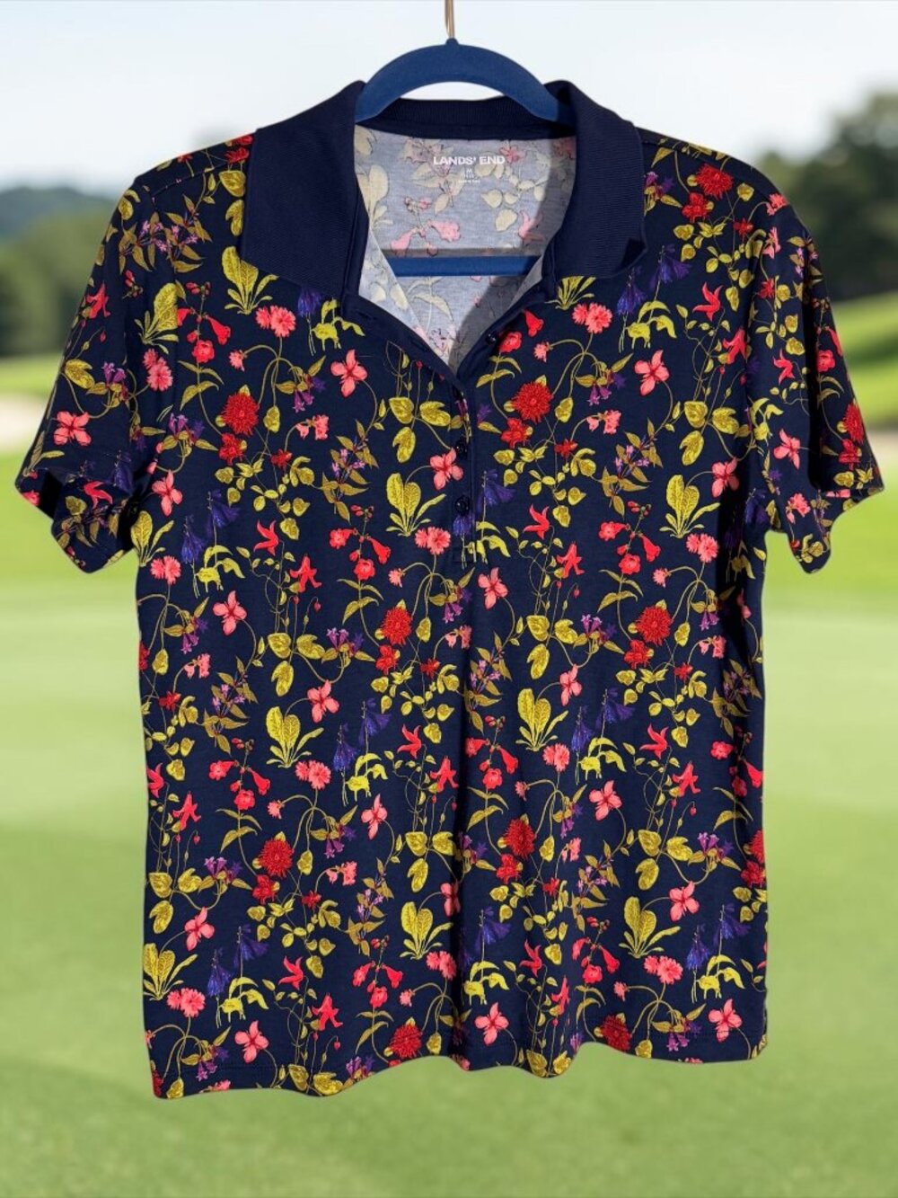 Lands End Women's Supima Cotton Short Sleeve Polo Deep Sea Multi Garden Floral L